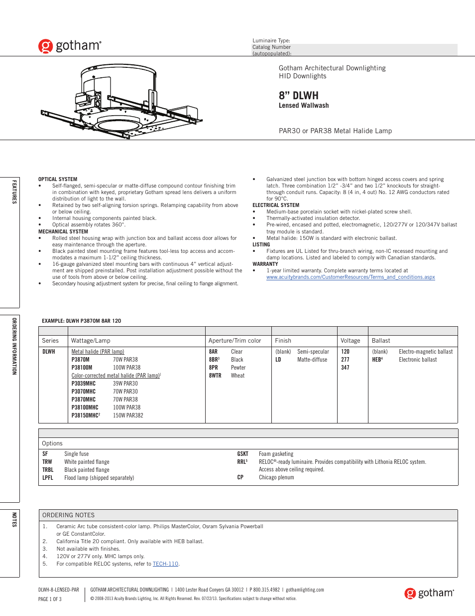 Gotham 8 DLWH Lensed Wallwash PAR30 or PAR38 SpecSheet User Manual | 3 pages