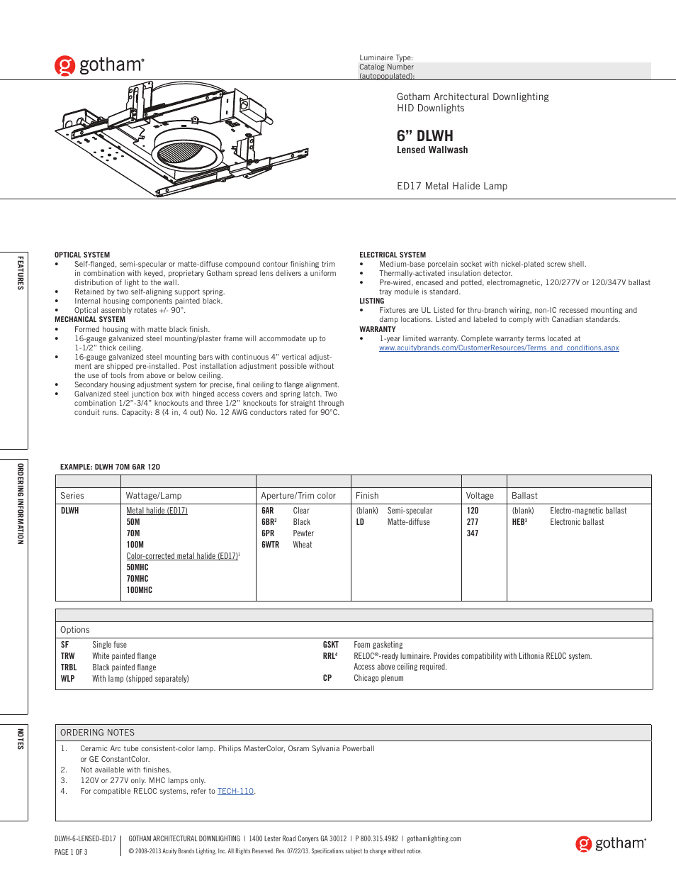 Gotham 6 DLWH Lensed Wallwash ED17 SpecSheet User Manual | 3 pages