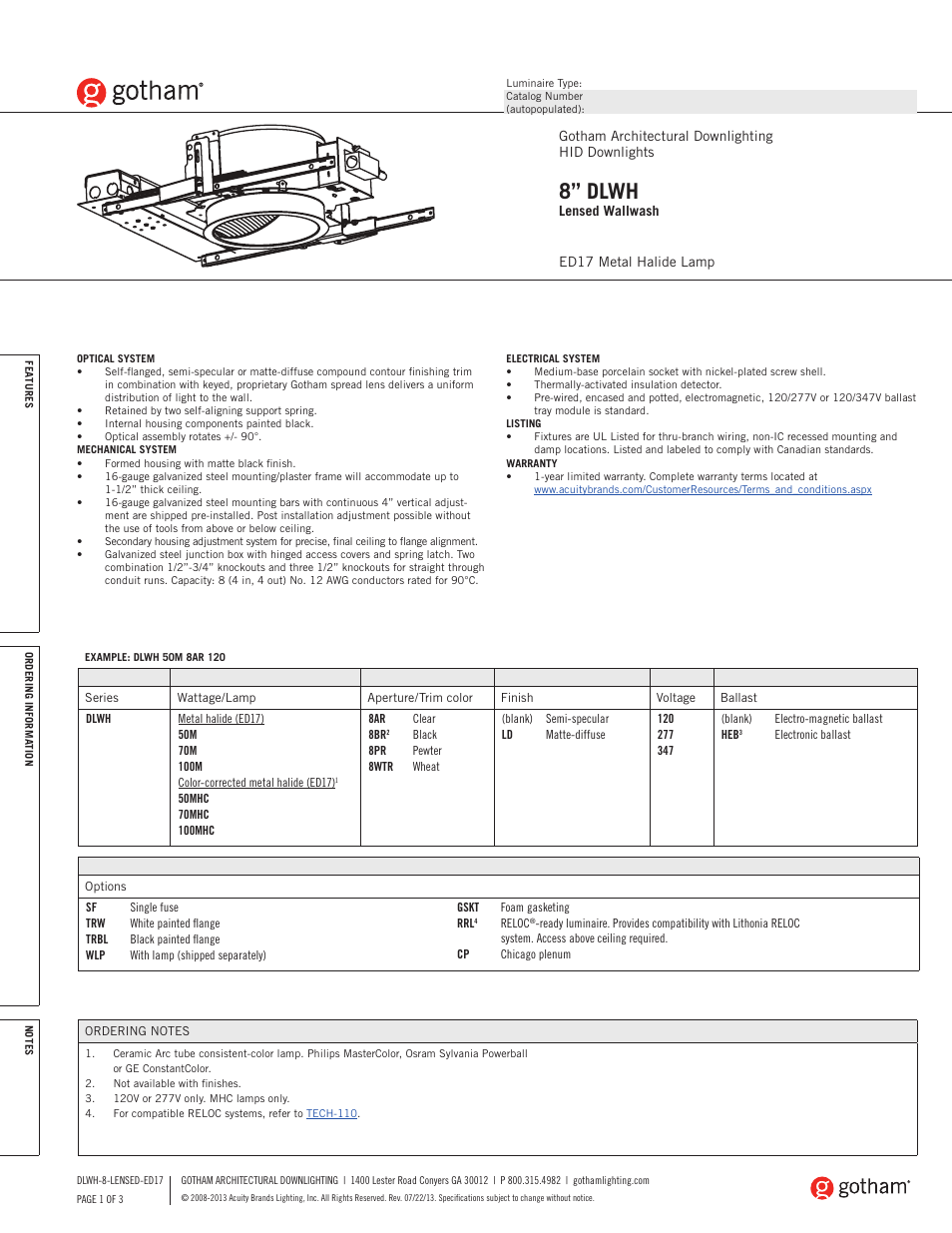 Gotham 8 DLWH Lensed Wallwash ED17 SpecSheet User Manual | 3 pages