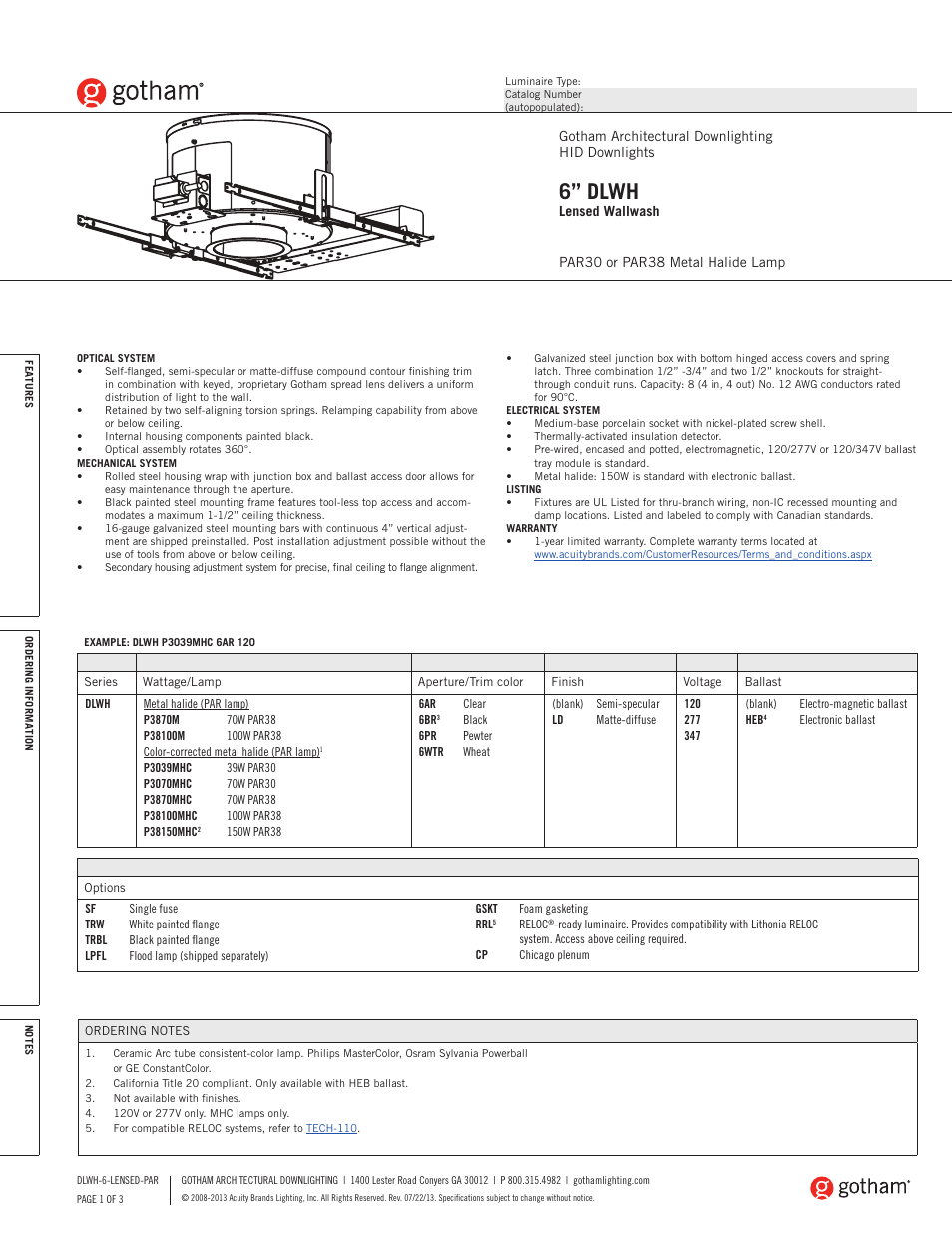 Gotham 6 DLWH Lensed Wallwash PAR30 or PAR38 SpecSheet User Manual | 3 pages