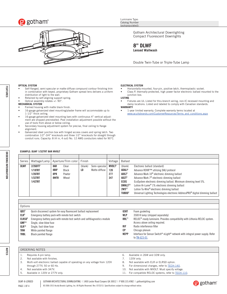 Gotham 8 DLWF Lensed Wallwash SpecSheet User Manual | 4 pages