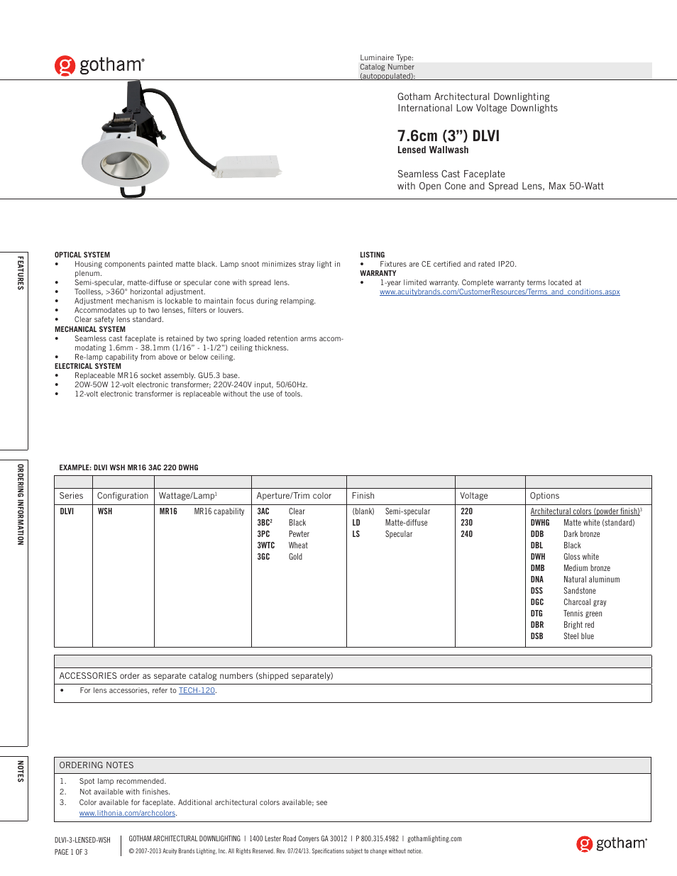 Gotham DLVI 7.6cm (3) Lensed Wallwash SpecSheet User Manual | 3 pages