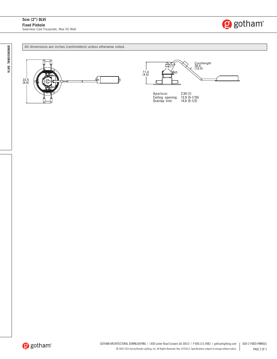 5cm (2”) dlvi fixed pinhole | Gotham DLVI 5cm (2) Fixed Pinhole SpecSheet User Manual | Page 2 / 3