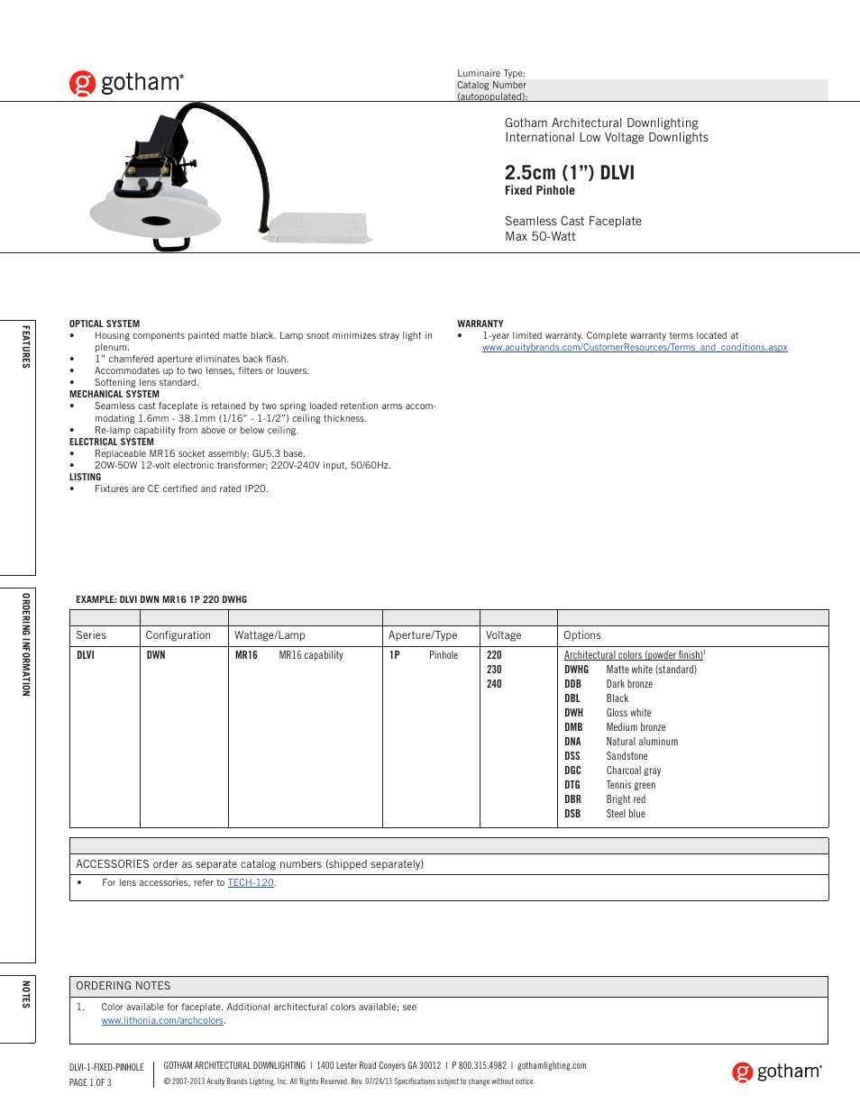 Gotham DLVI 2.5cm (1) Fixed Pinhole SpecSheet User Manual | 3 pages