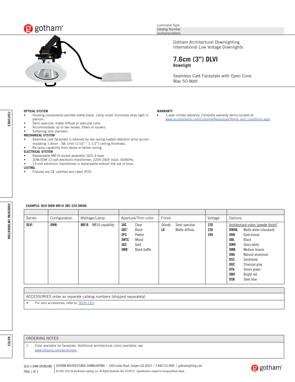 Gotham DLVI 7.6cm (3) Downlight SpecSheet User Manual | 3 pages