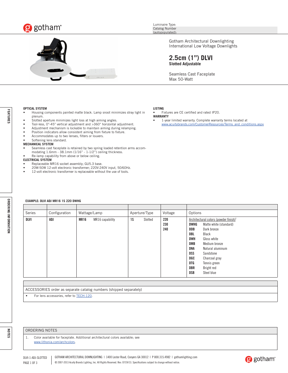 Gotham DLVI 2.5cm (1) Slotted Adjustable SpecSheet User Manual | 3 pages