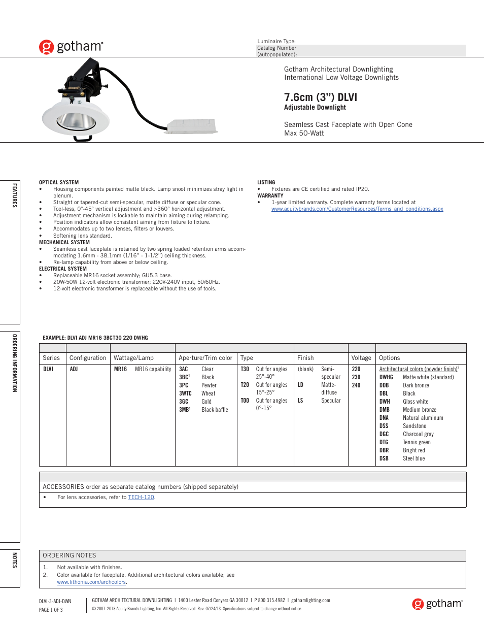 Gotham DLVI 7.6cm (3) Adjustable Downlight SpecSheet User Manual | 3 pages