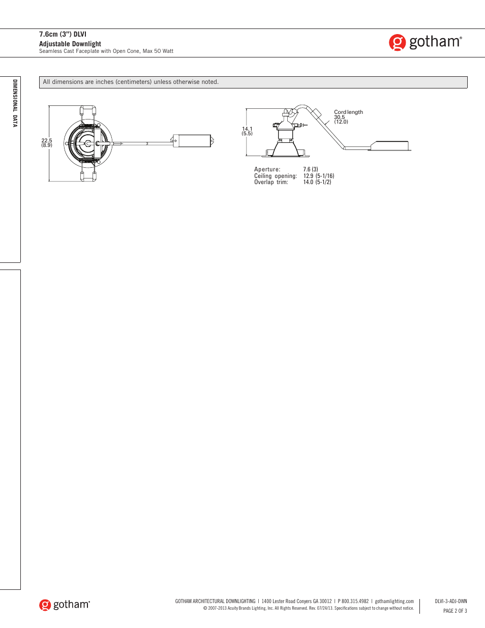 6cm (3”) dlvi adjustable downlight | Gotham DLVI 7.6cm (3) Adjustable Downlight SpecSheet User Manual | Page 2 / 3