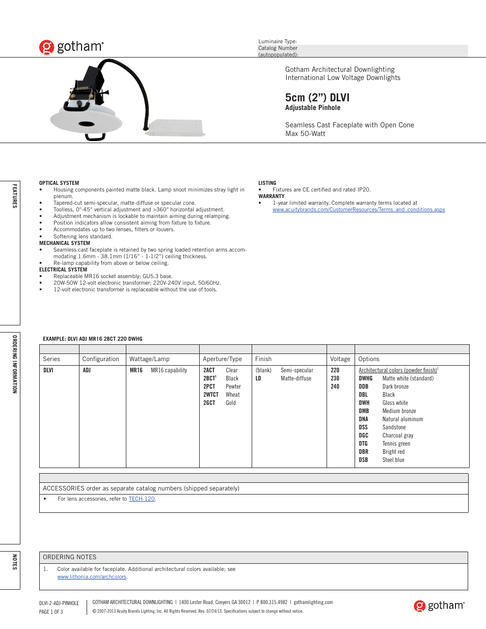 Gotham DLVI 5cm (2) Adjustable Pinhole SpecSheet User Manual | 3 pages
