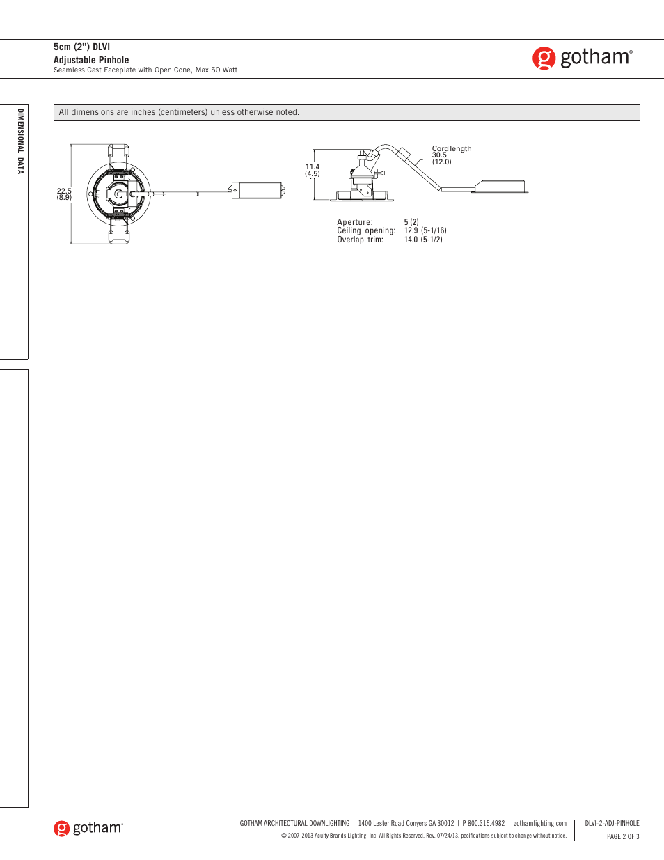 5cm (2”) dlvi adjustable pinhole | Gotham DLVI 5cm (2) Adjustable Pinhole SpecSheet User Manual | Page 2 / 3