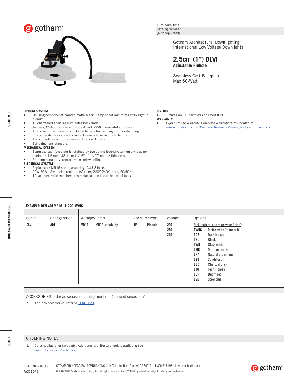 Gotham DLVI 2.5cm (1) Adjustable Pinhole SpecSheet User Manual | 3 pages
