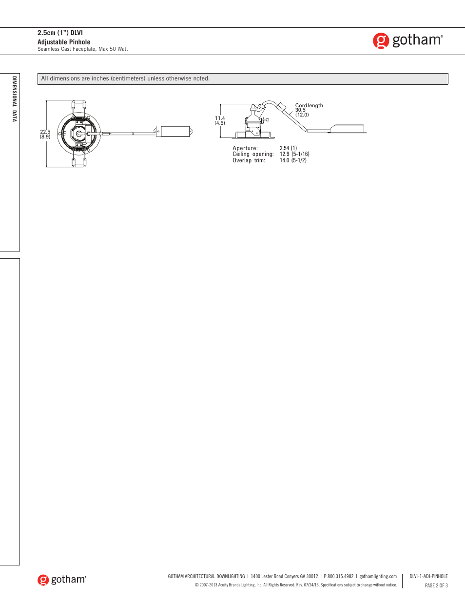 5cm (1”) dlvi adjustable pinhole | Gotham DLVI 2.5cm (1) Adjustable Pinhole SpecSheet User Manual | Page 2 / 3