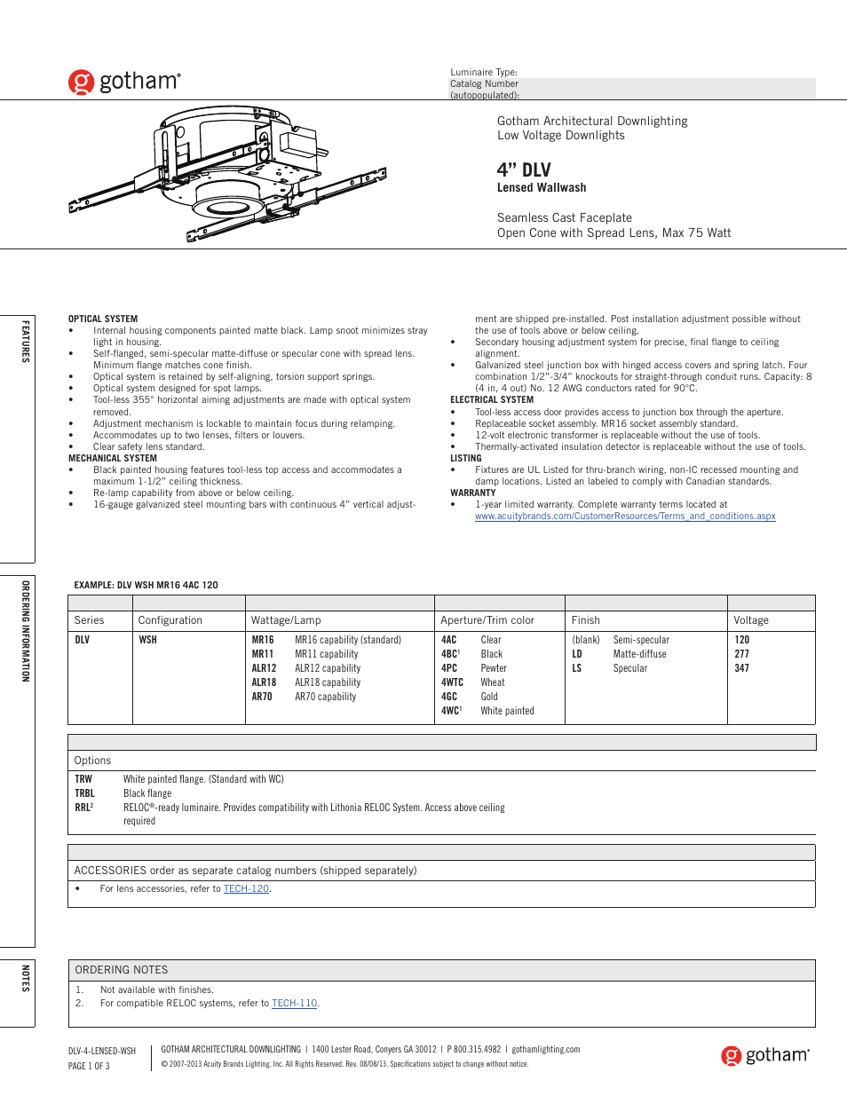 Gotham 4 DLV Lensed Wallwash SpecSheet User Manual | 3 pages