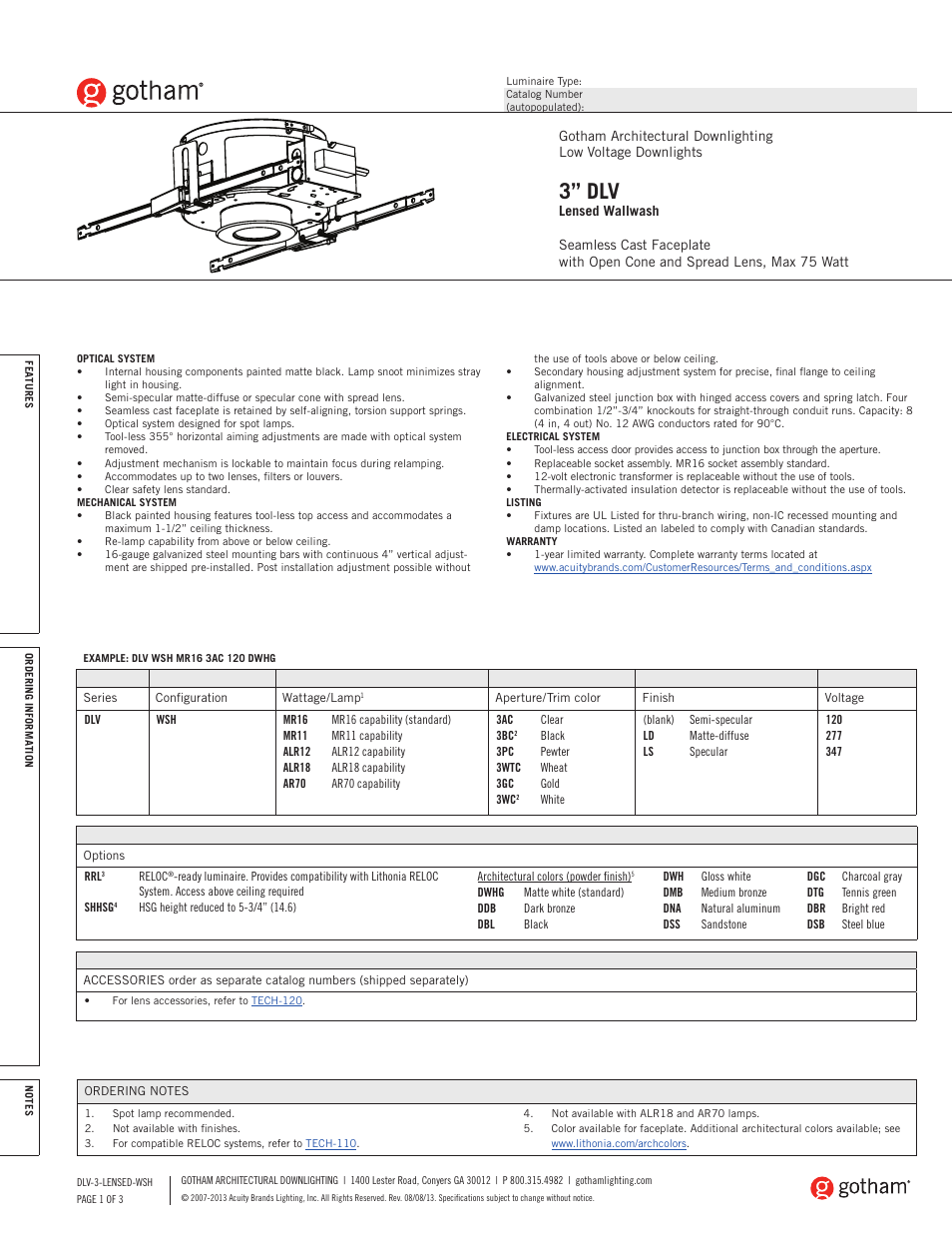 Gotham 3 DLV Lensed Wallwash SpecSheet User Manual | 3 pages