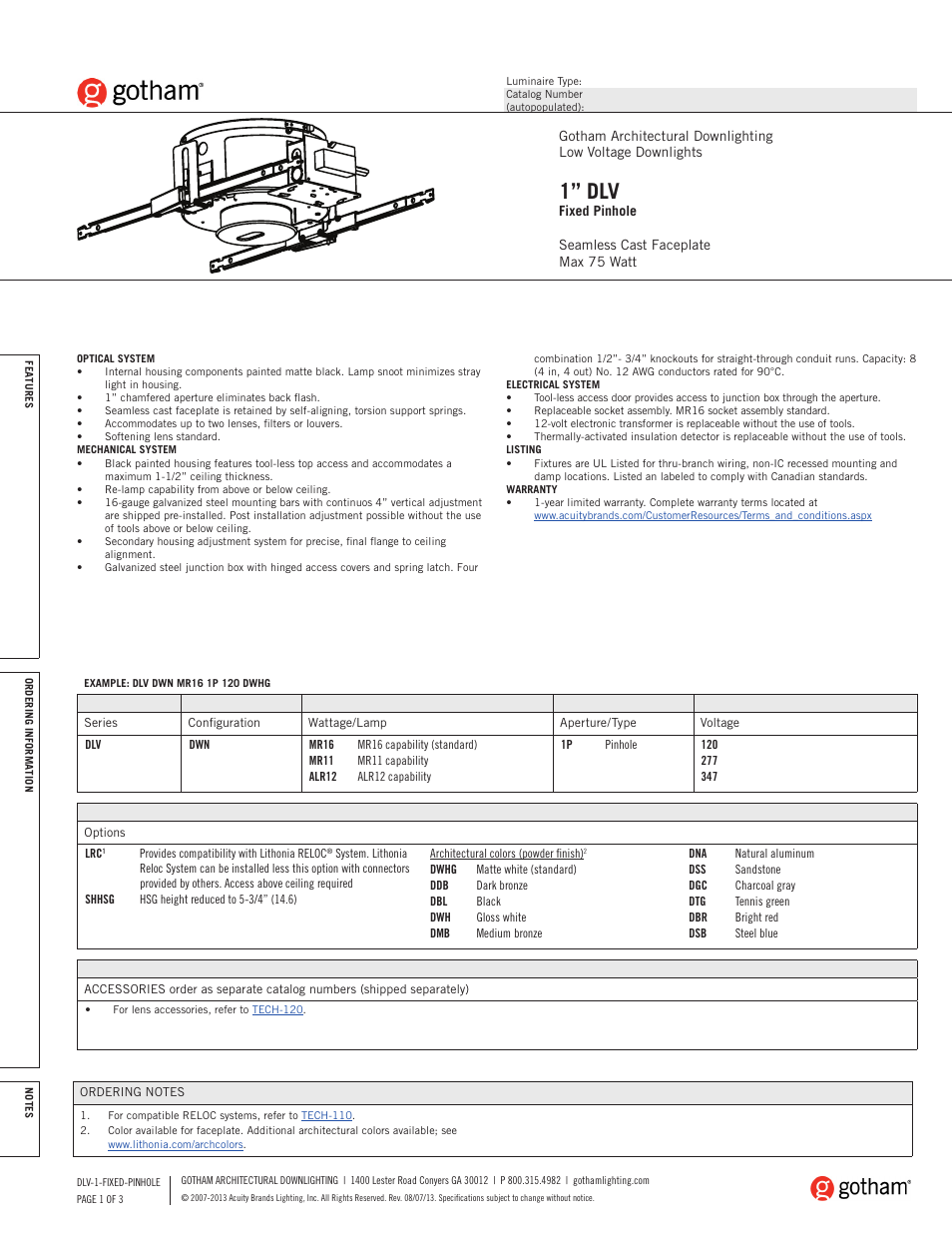 Gotham 1 DLV Fixed Pinhole SpecSheet User Manual | 3 pages