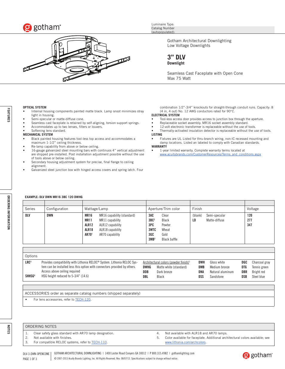 Gotham 3 DLV Downlight SpecSheet User Manual | 3 pages