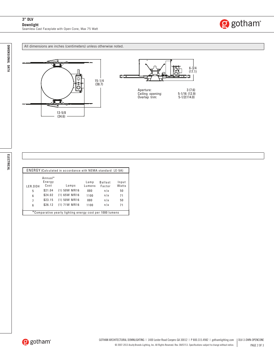 Gotham 3 DLV Downlight SpecSheet User Manual | Page 2 / 3