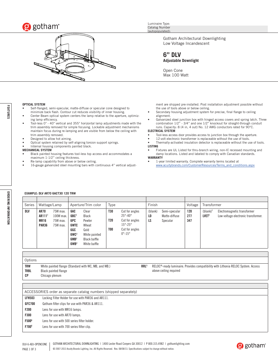 Gotham 6 DLV Adjustable Downlight SpecSheet User Manual | 3 pages