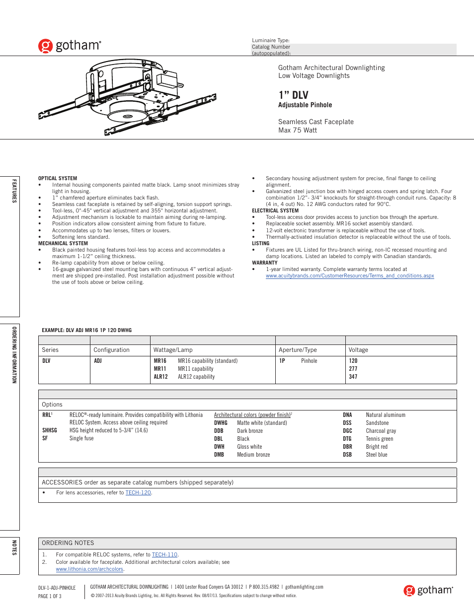 Gotham 1 DLV Adjustable Pinhole SpecSheet User Manual | 3 pages