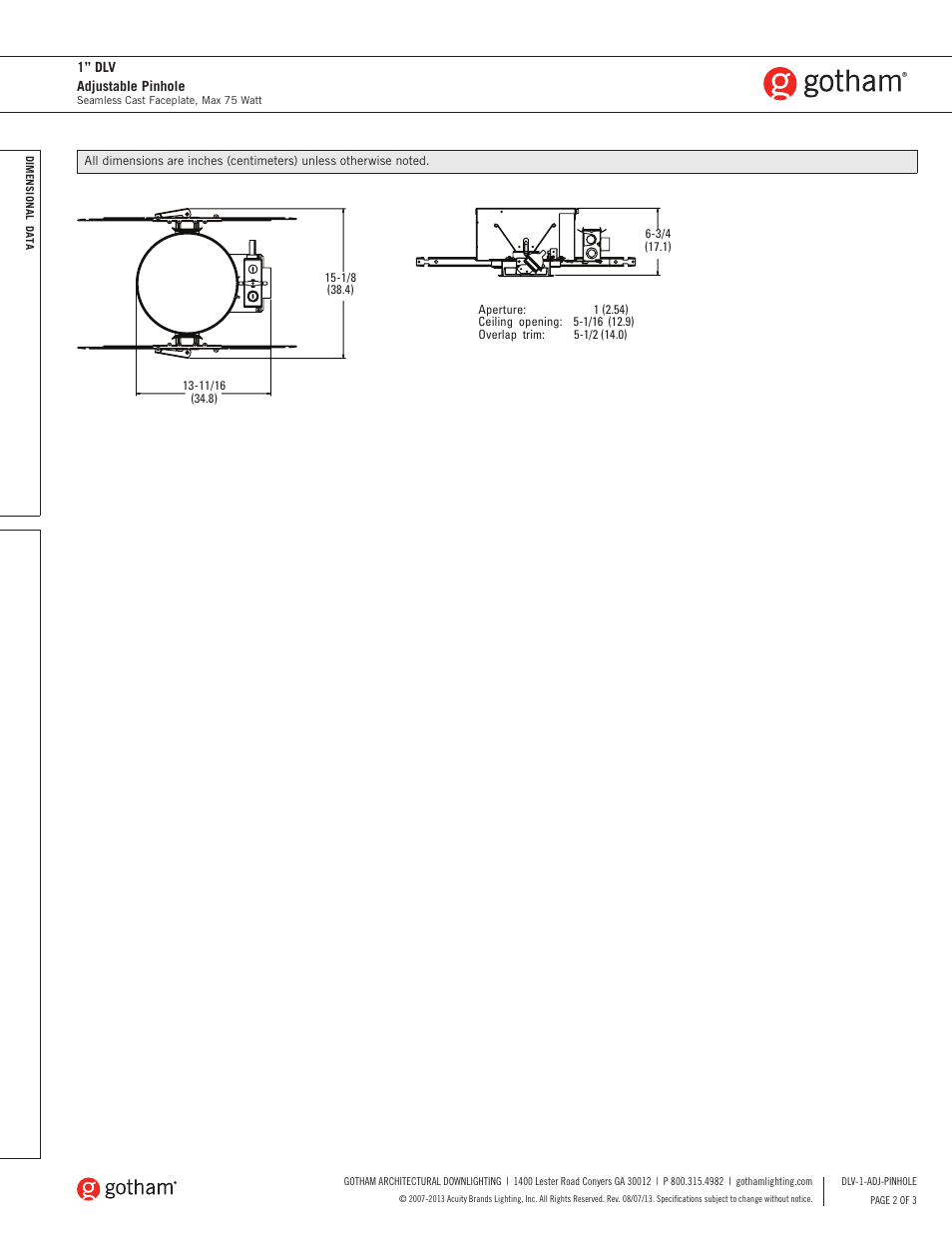 Gotham 1 DLV Adjustable Pinhole SpecSheet User Manual | Page 2 / 3