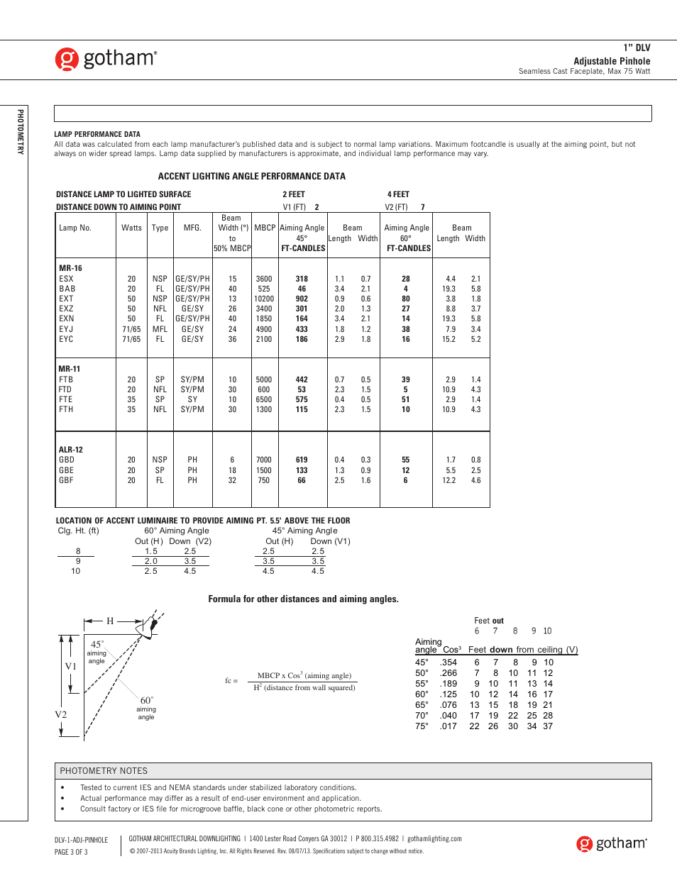 Gotham 1 DLV Adjustable Pinhole SpecSheet User Manual | Page 3 / 3