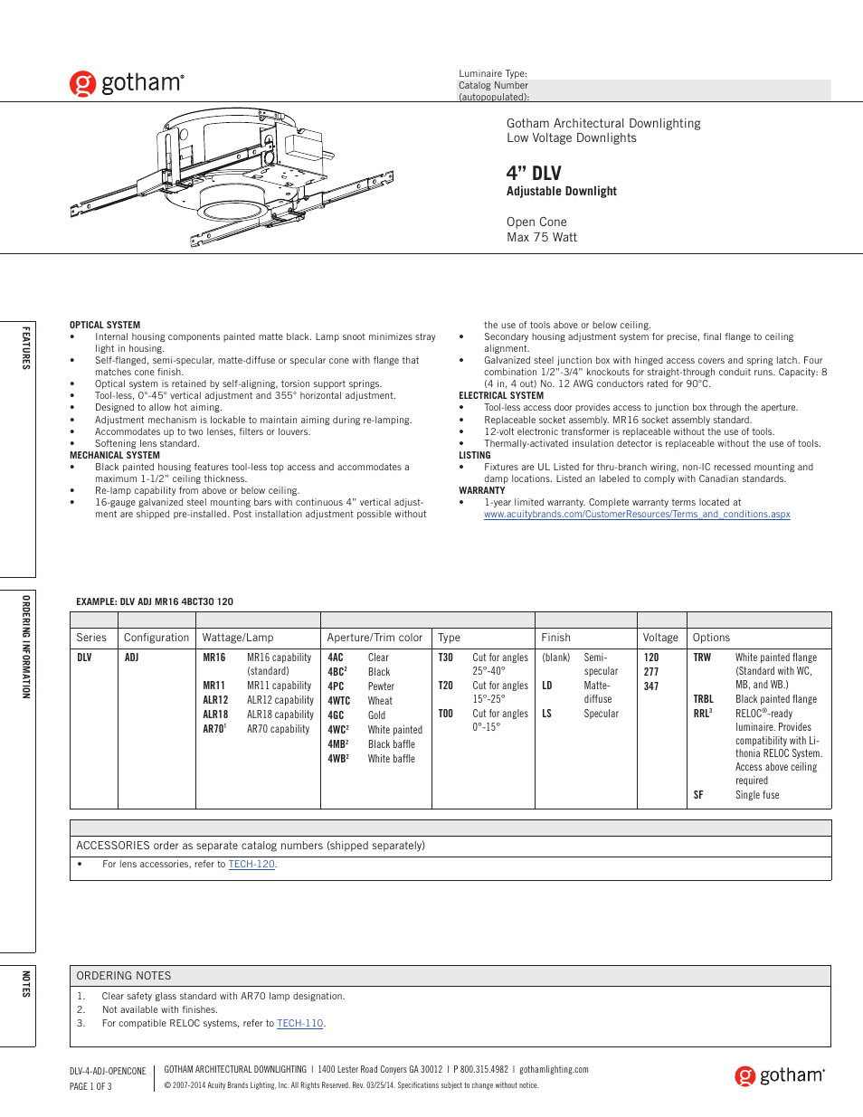Gotham 4 DLV Adjustable Downlight SpecSheet User Manual | 3 pages