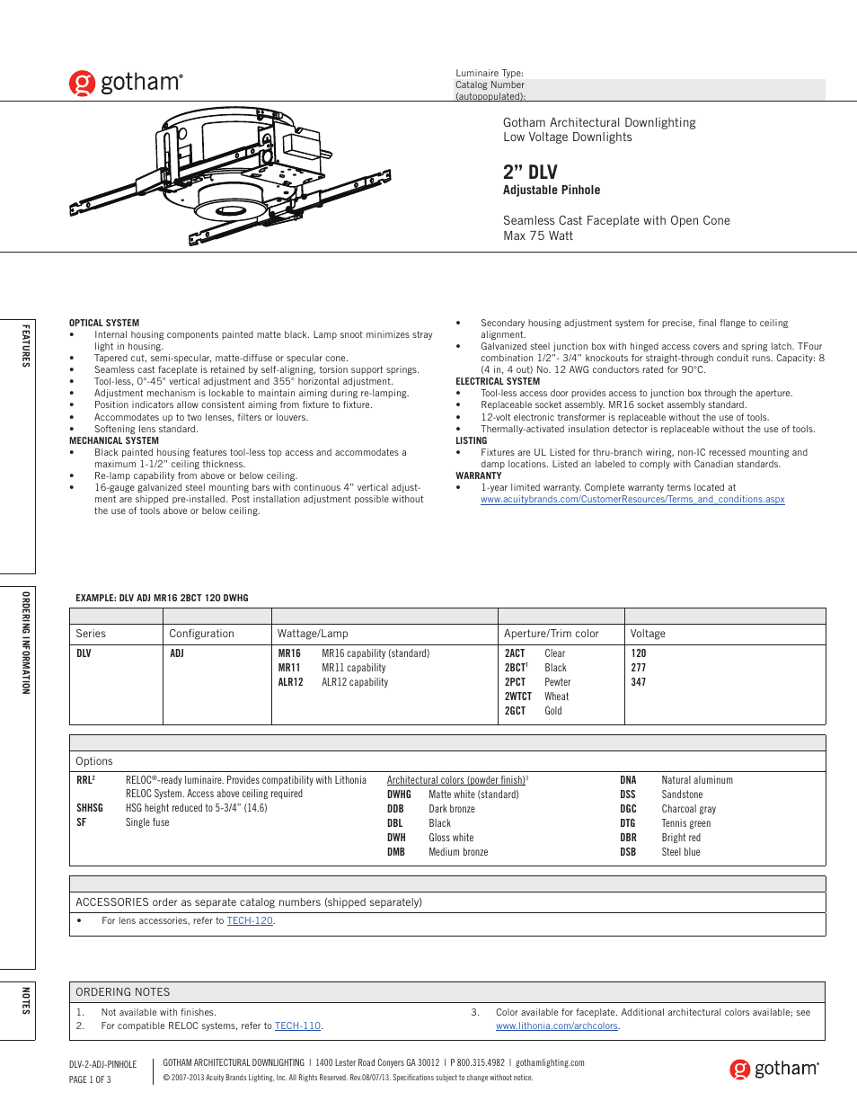 Gotham 2 DLV Adjustable Pinhole SpecSheet User Manual | 3 pages