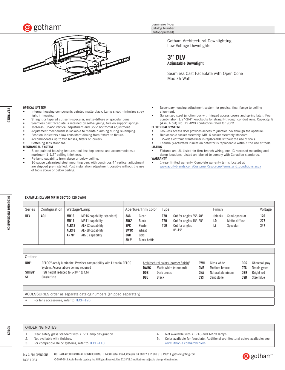 Gotham 3 DLV Adjustable Downlight SpecSheet User Manual | 3 pages