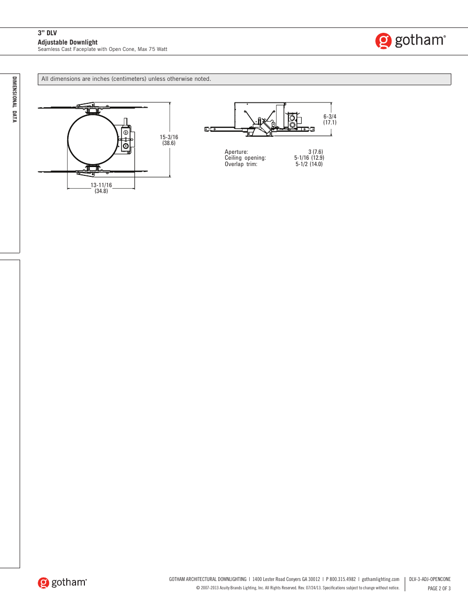 Gotham 3 DLV Adjustable Downlight SpecSheet User Manual | Page 2 / 3