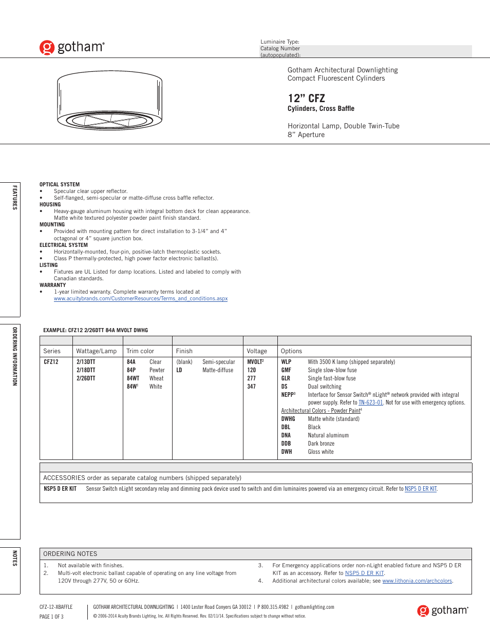 Gotham 12 CFZ Cylinders, Cross Baffle SpecSheet User Manual | 3 pages