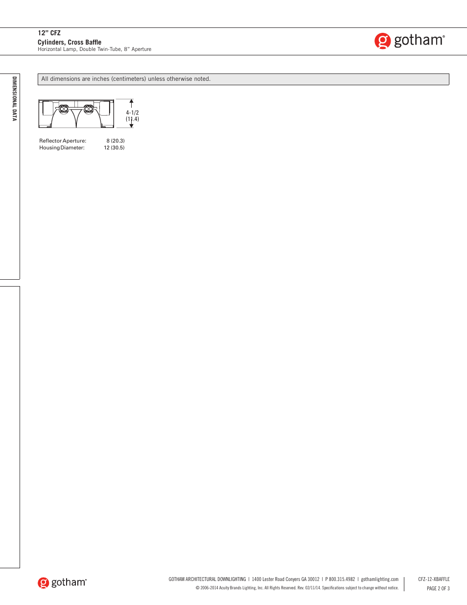 12” cfz cylinders, cross baffle | Gotham 12 CFZ Cylinders, Cross Baffle SpecSheet User Manual | Page 2 / 3