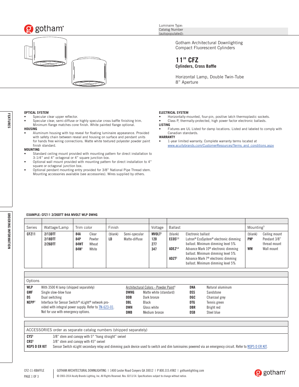 Gotham 11 CFZ Cylinders, Cross Baffle SpecSheet User Manual | 3 pages