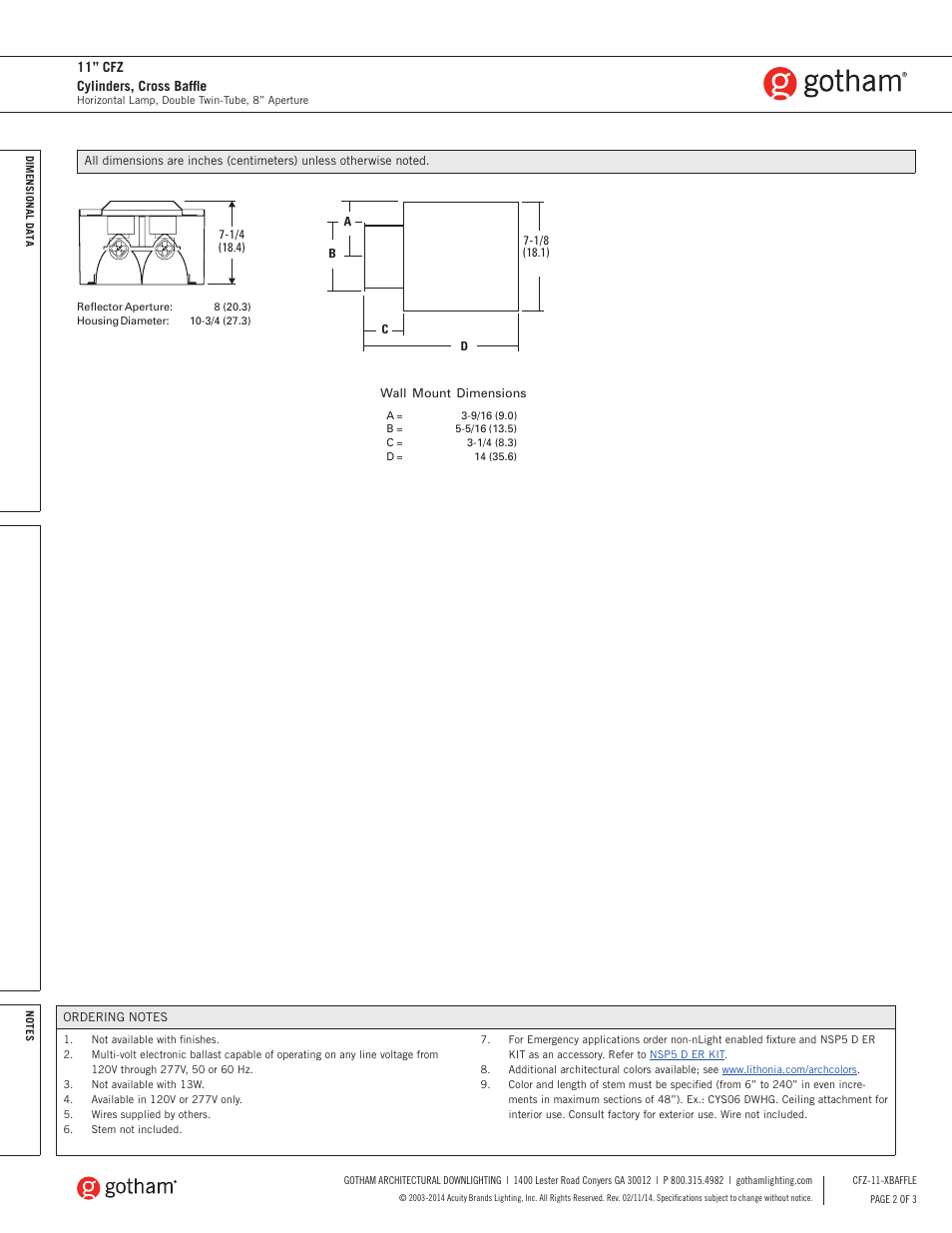 11” cfz cylinders, cross baffle | Gotham 11 CFZ Cylinders, Cross Baffle SpecSheet User Manual | Page 2 / 3