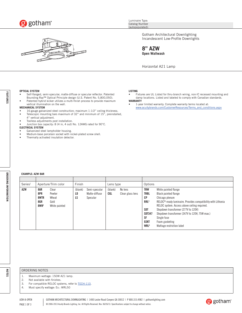 Gotham 8 AZW Open Wallwash SpecSheet User Manual | 3 pages