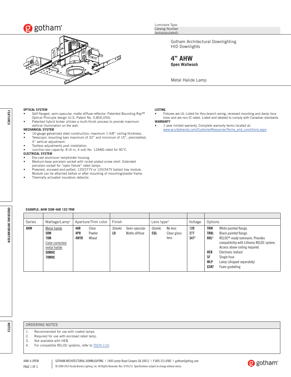 Gotham 4 AHW Open Wallwash SpecSheet User Manual | 3 pages