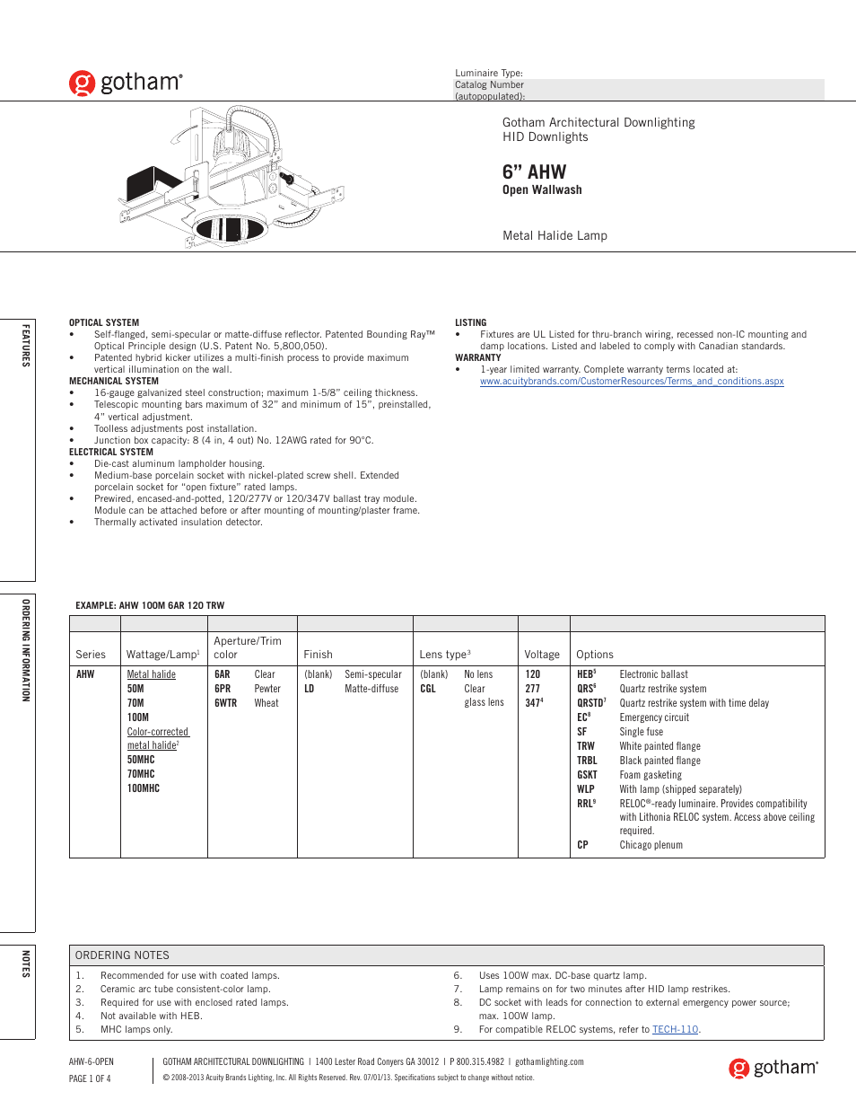 Gotham 6 AHW Open Wallwash SpecSheet User Manual | 3 pages