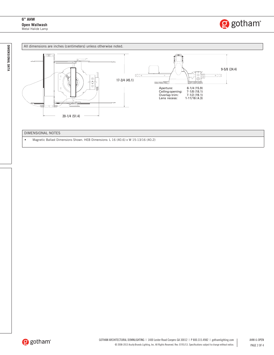 6” ahw open wallwash | Gotham 6 AHW Open Wallwash SpecSheet User Manual | Page 2 / 3