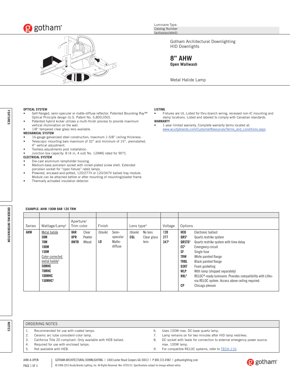 Gotham 8 AHW Open Wallwash SpecSheet User Manual | 3 pages