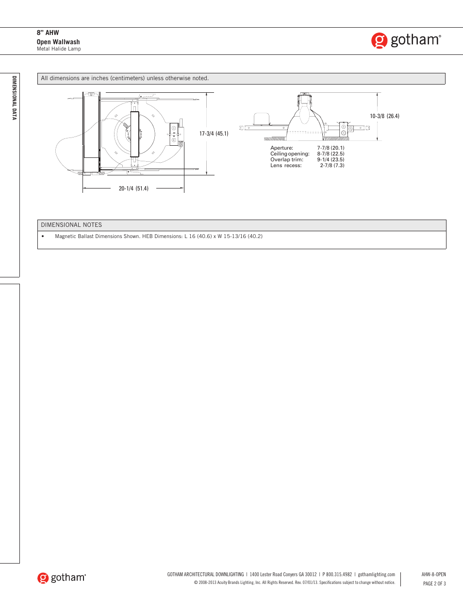 8” ahw open wallwash | Gotham 8 AHW Open Wallwash SpecSheet User Manual | Page 2 / 3