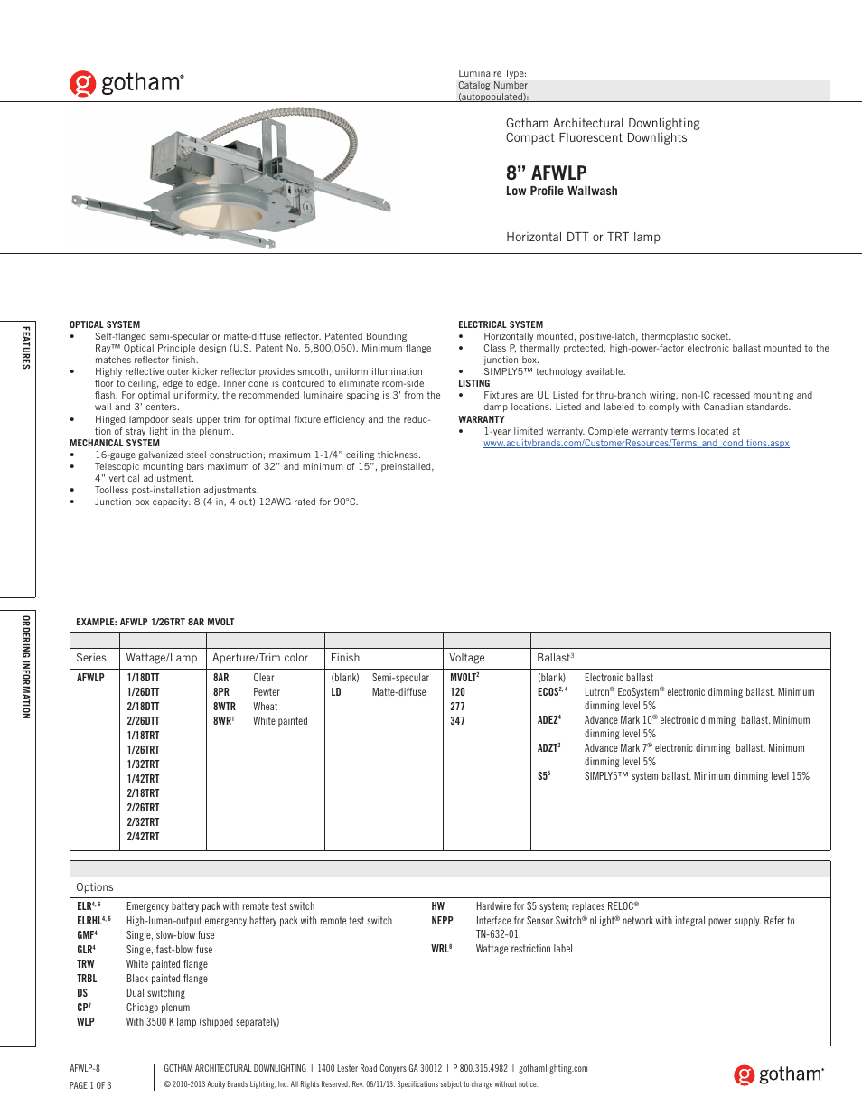Gotham 8 AFWLP Low Profile Wallwash SpecSheet User Manual | 3 pages