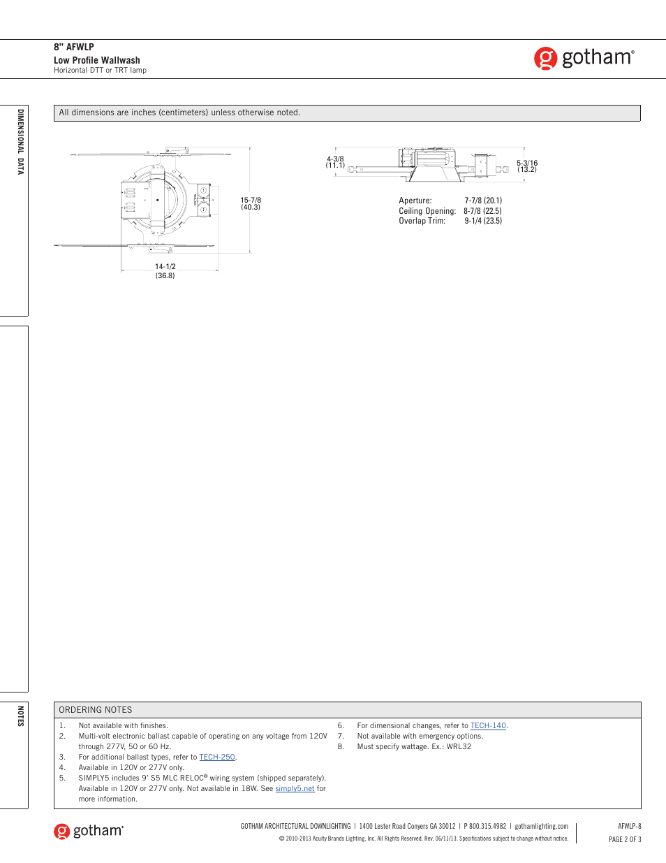 8” afwlp low profile wallwash | Gotham 8 AFWLP Low Profile Wallwash SpecSheet User Manual | Page 2 / 3