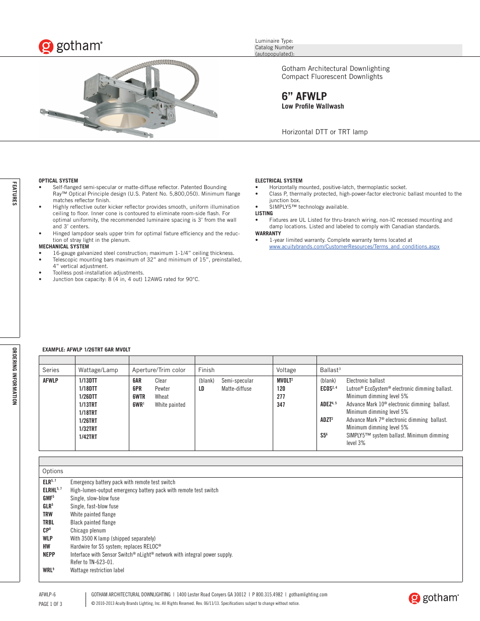 Gotham 6 AFWLP Low Profile Wallwash SpecSheet User Manual | 3 pages