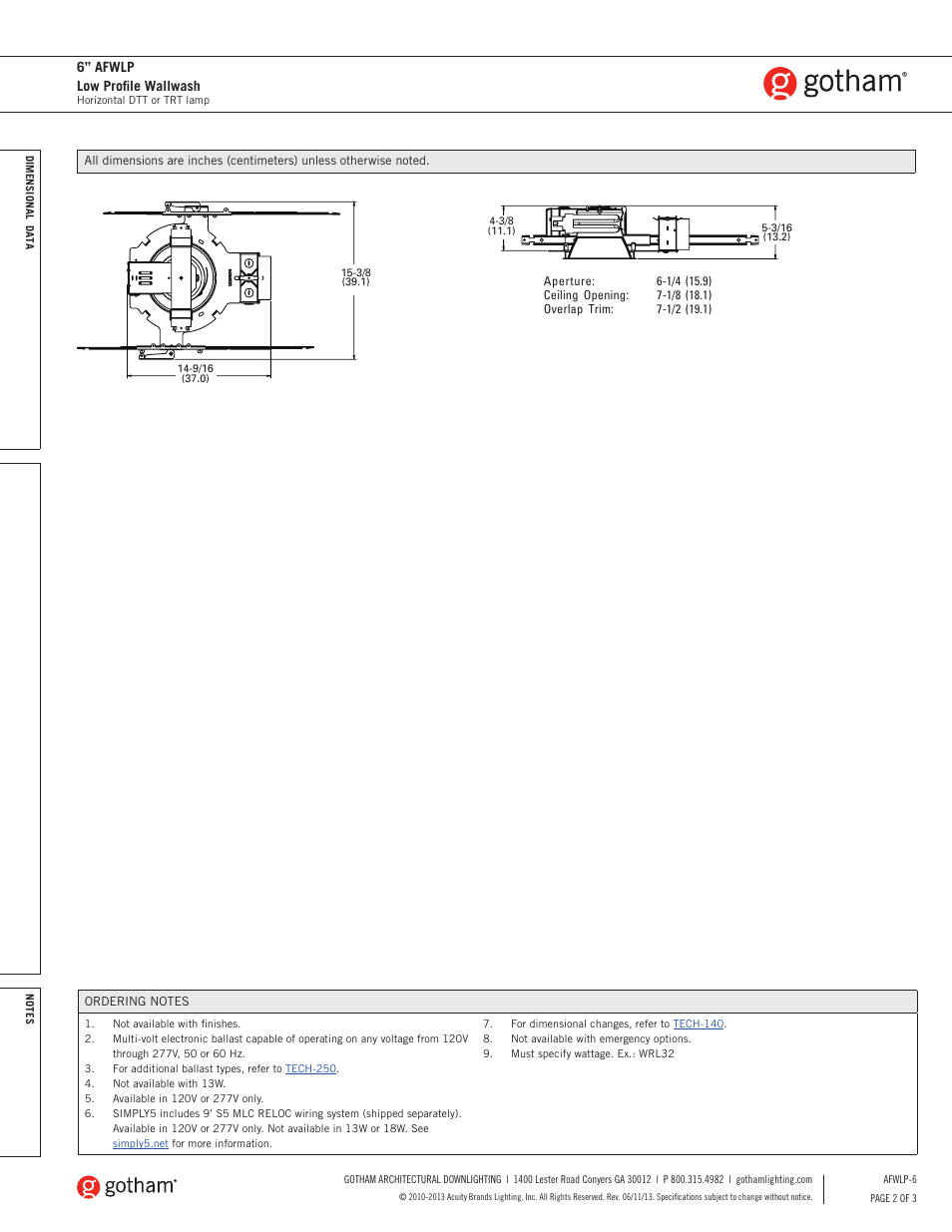 6” afwlp low profile wallwash | Gotham 6 AFWLP Low Profile Wallwash SpecSheet User Manual | Page 2 / 3