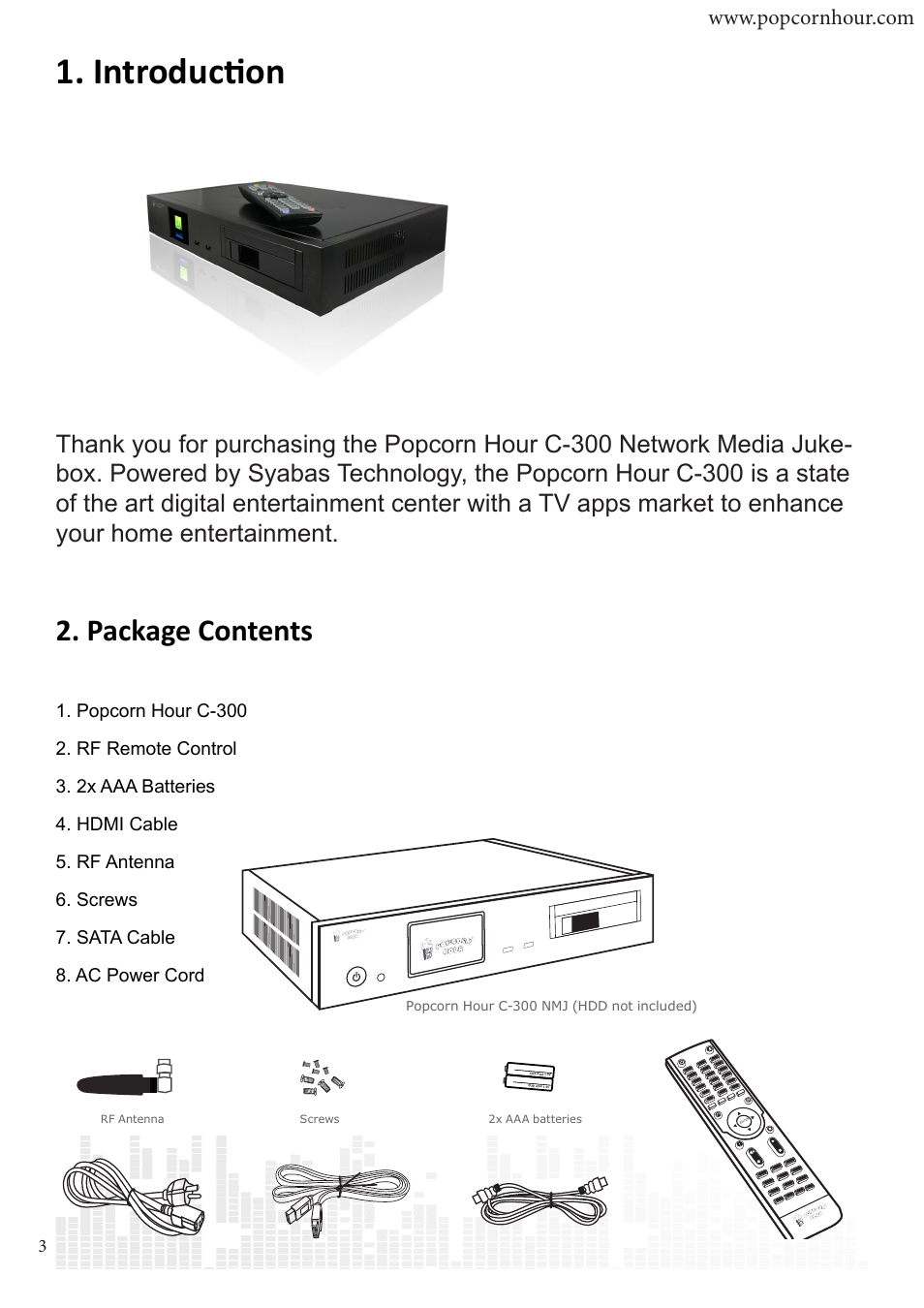 Introduction, Package contents | POPCORN HOUR C-300 User Manual | Page 4 / 81