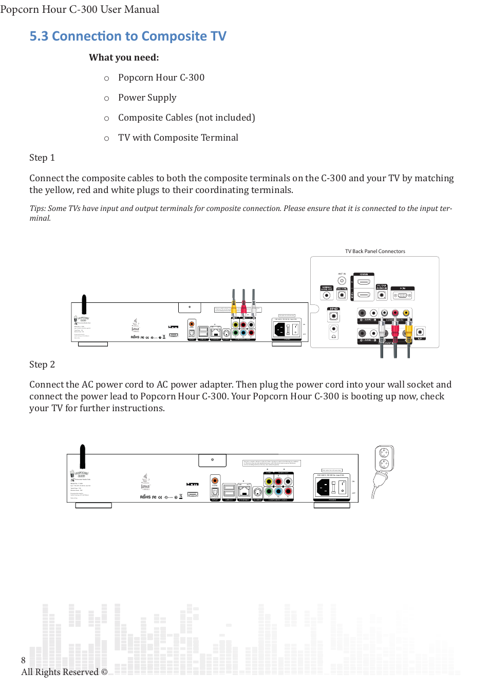 3 connection to composite tv, Popcorn hour c-300 user manual, 8all rights reserved | Cus listed | POPCORN HOUR C-300 User Manual | Page 9 / 81