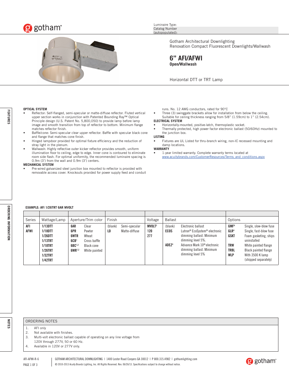 Gotham 6 AFI_AFWI Open_Wallwash SpecSheet User Manual | 3 pages