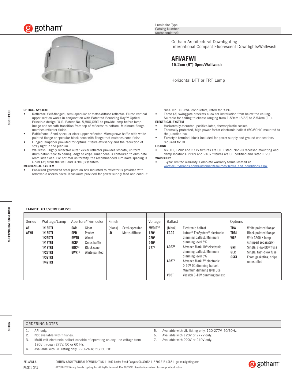 Gotham AFI_AFWI 15.2cm (6) Open_Wallwash SpecSheet User Manual | 3 pages