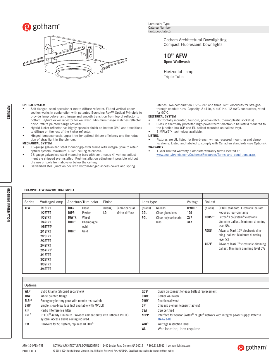 Gotham 10 AFW Open Wallwash SpecSheet User Manual | 4 pages