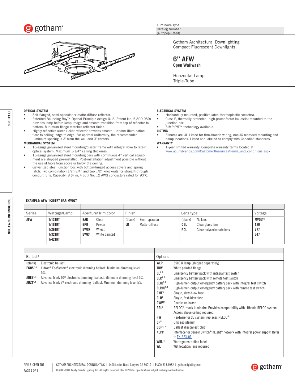Gotham 6 AFW Open Wallwash TRT SpecSheet User Manual | 3 pages