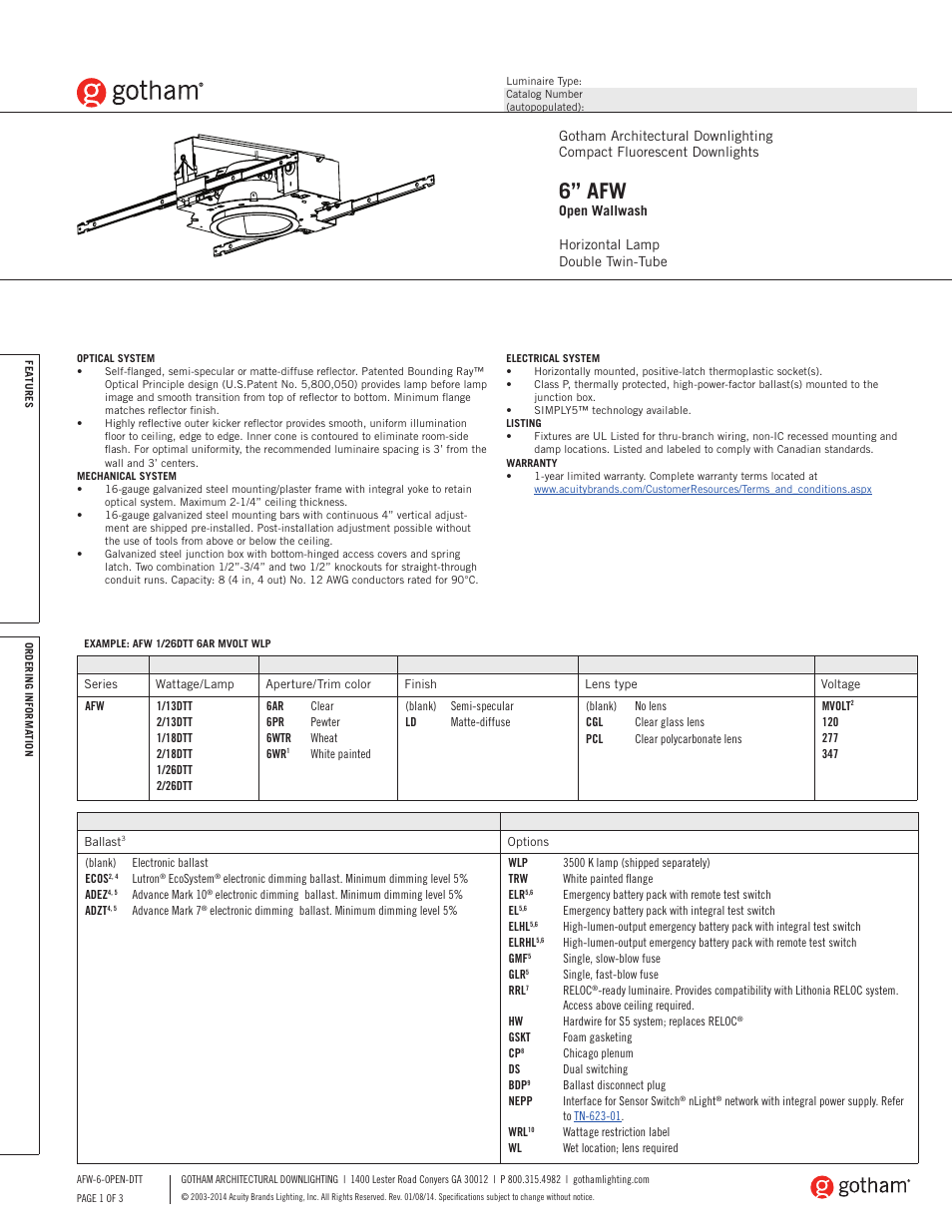 Gotham 6 AFW Open Wallwash DTT SpecSheet User Manual | 3 pages